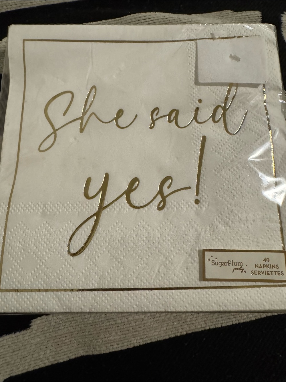 SugarPlum 'She Said Yes' White Napkins with Gold Foil